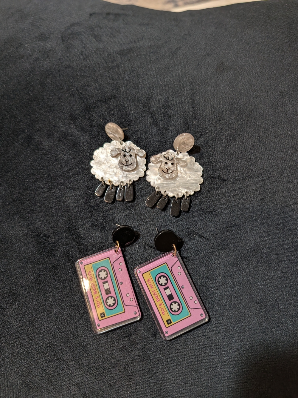 Multicolor Plastic Dangle/Drop Post Earrings Lot 2 Pairs Sheep & Cassette Tape